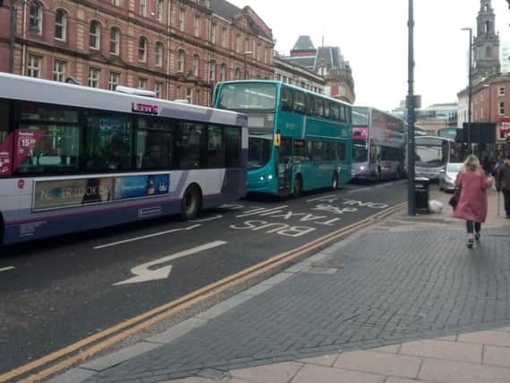Heavy traffic in Leeds city centre after a car has broken down.