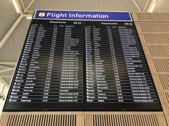 A departure board at Bristol Airport showing flybmi flights cancelled following the collapse of the airline. Photo: PA Wire