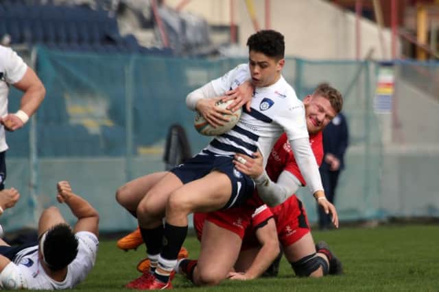 Yorkshire Carnegie's Jacob Umaga finds his path halted against Jersey Reds. Picture: Varleys.