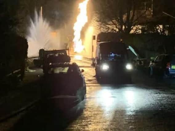 The scene in Bardsey as flames shot out of the damaged gas main. Picture: Insp Mark Gamlyn, West Yorkshire Police.