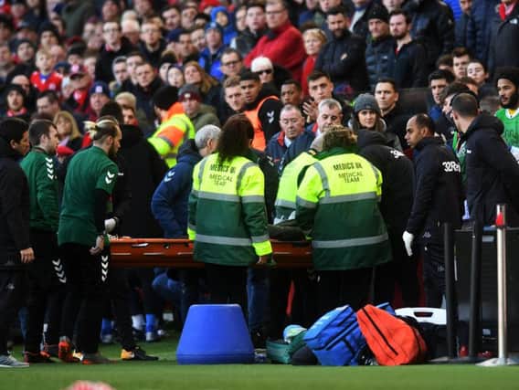 Leeds United winger Jack Clarke is carried on a stretcher from Middlesbrough's stadium after collapsing in the second half.