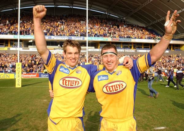 Leeds Rhinos' Gary Connolly (left) and Dave Furner celebrate the Challenge Cup semi-final win over St Helens in April, 2003. Picture Steve Riding