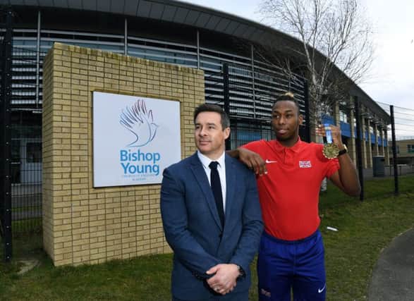 Bishop Young Church of England Academy, Bishops Way, Seacroft, Leeds.Pictured principal Paul Cooper and teaching assistant Connor Wood, who is also as a 200m runner and due to represent Great Britain in the European Championships later this year.20th February 2019.Picture Jonathan Gawthorpe