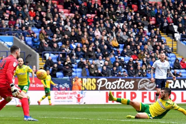SLAMMED: Bolton Wanderers concede for the third time as Norwich City's Emi Buendia scores during last weekend's 4-0 cruise at the University of Bolton Stadium.