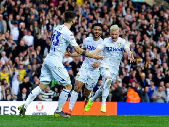 Leeds United's Gjanni Alioski celebrates his winner against Bolton.