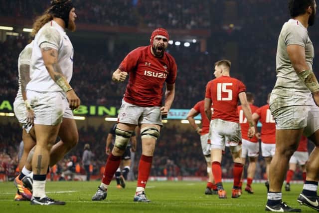 Wales' Cory Hill celebrates scoring his side's first try of the game at the Principality Stadium, Cardiff. Picture: Paul Harding/PA