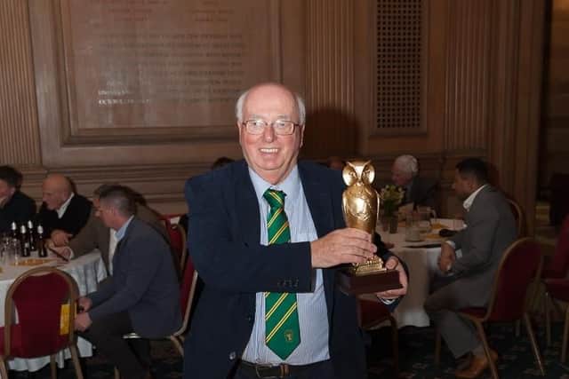 Clifford Spracklen, Chairman of Trustees of the Hunslet Club with a golden owl presented by the Lord Mayor of Leeds Coun Graham Latty at  a Civic Reception for the Hunslet Club athe Banquet Hall, Civic Hall, Leeds