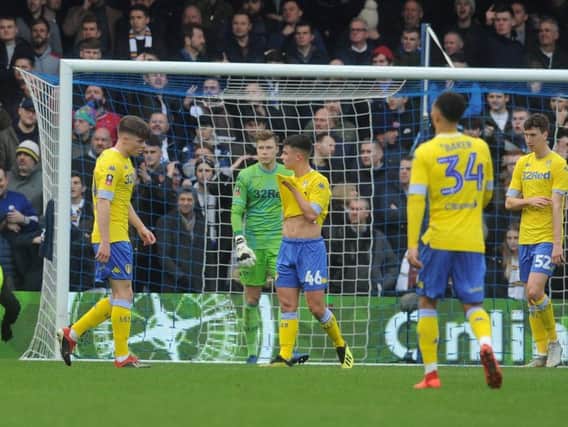 DIFFERENT MATTER: Leeds United's Leif Davis hangs his head after conceding a penalty during the 2-1 loss in the FA Cup third round at QPR over the first weekend in January.