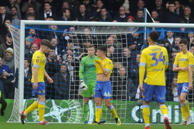 DIFFERENT MATTER: Leeds United's Leif Davis hangs his head after conceding a penalty during the 2-1 loss in the FA Cup third round at QPR over the first weekend in January.