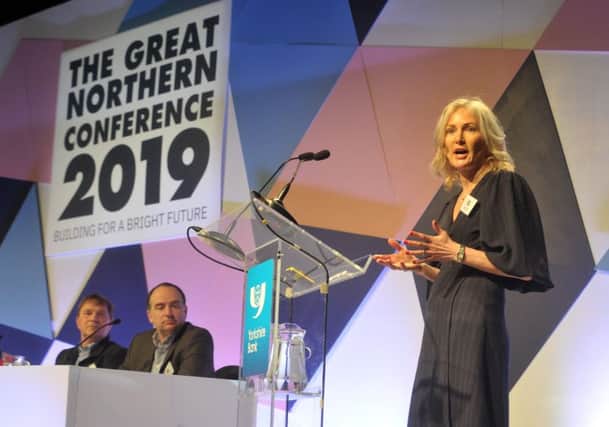 26 February 2019 ......    Helen Oldham, of Northinvest  speaking at The Great Northern Conference 2019 at New Dock, Royal Armouries in Leeds. Picture Tony Johnson.