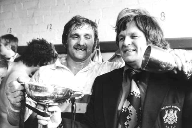 Bradford Northern win the Rugby League Premiership Trophy,
Bob Haigh and coach Peter Fox.