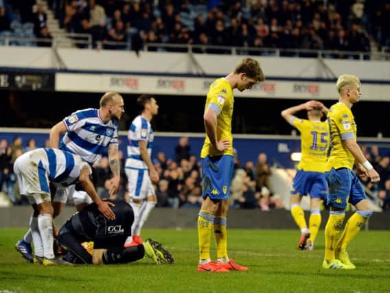MISFIRING: Leeds United trio Patrick Bamford, Gjanni Alioski and Stuart Dallas show their frustrations as another chance goes begging in Tuesday night's 1-0 loss at Queens Park Rangers.
