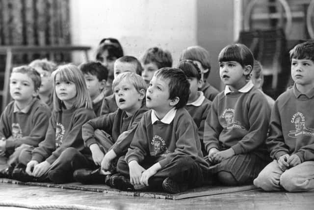 Old school.Children watch the school play at Castlefield Infant Scool, Todmorden, March 1995.