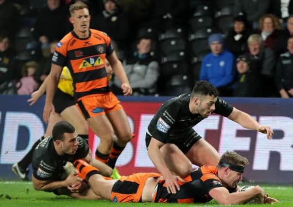 Michael Shenton scores for Castleford Tigers at Hull this season. Picture Richard Sellers/PA Wire.