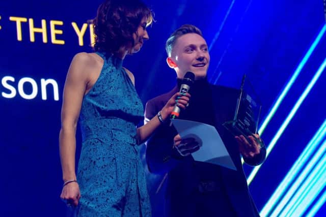 Tanya Arnold interviews Nile Wilson after he was announced as the winner of the sportsman of the year award at the Leeds Sports Awards.