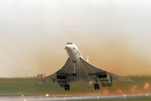 A Concorde takes off at Leeds Bradford Airport.