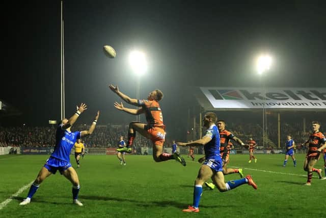 Castleford Tigers' Greg Eden jumps for a high ball during Friday night's win over Hull KR. Picture: Simon Cooper/PA