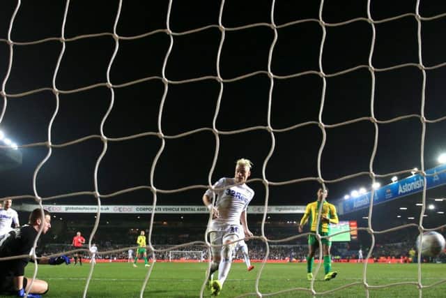 Leeds United's Gjanni Alioski  scores his side's fourth goal against West Brom.