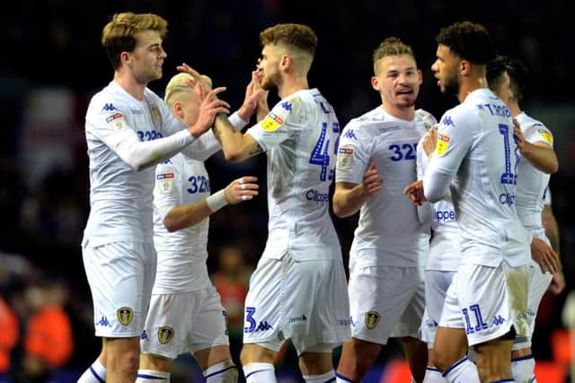 United's Patrick Bamford is congratulated after making it 2-0 against West Bromwich Albion.