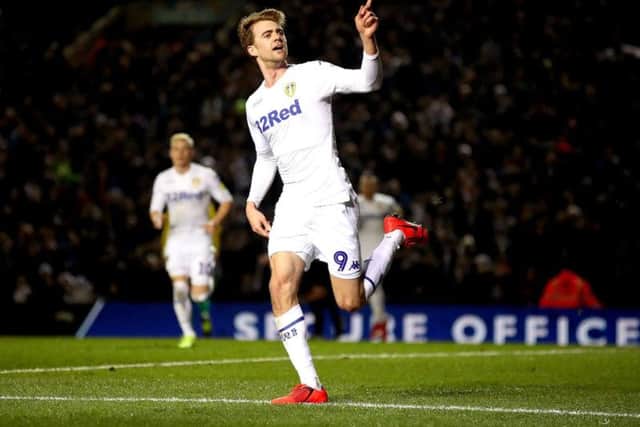 Patrick Bamford celebrates after scoring in Leeds United's 4-0 rout of West Bromwich Albion.