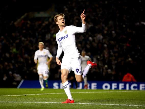 Patrick Bamford celebrates after scoring in Leeds United's 4-0 rout of West Bromwich Albion.