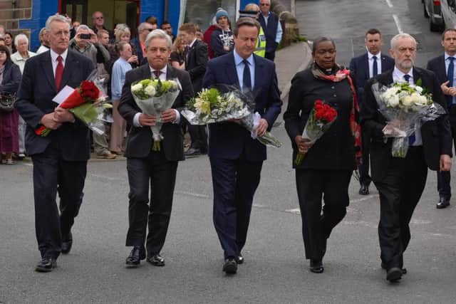 John Bercow (second left) joined political leaders in Birstall 24 hours after the murder of MP Jo Cox.