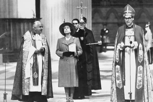 The Queen with Dr John Habgood, the then Archbishop of York, during a vist to York Minster in 1988.