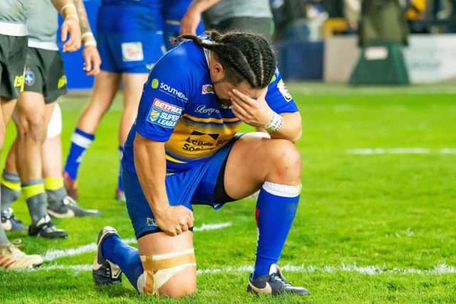 Konrad Hurrell dshows his frustration after Leeds Rhinos' recent defeat to neighbours Wakefield Trinity. Picture: Allan McKenzie/SWpix.com