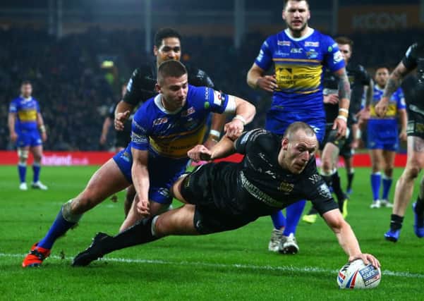 DOWNED: Hull FC's Dean Hadley scores in last week's comfortable win over an out-of-sorts Leeds Rhinos. Picture: Ash Allen/SWpix.com