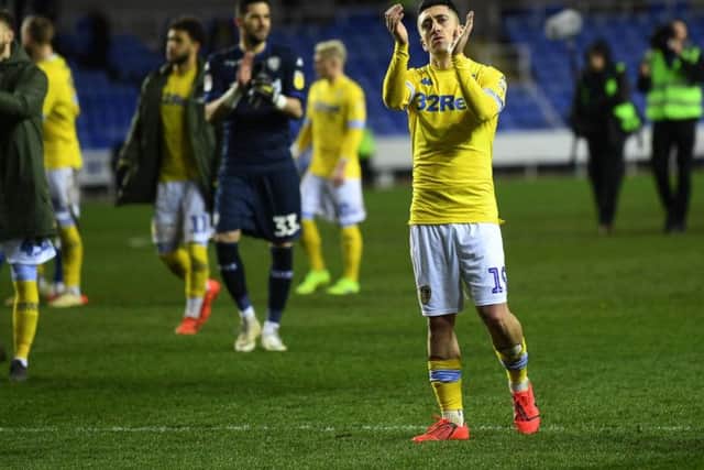 Pablo Hernandez applauds Leeds United's travelling support after the club's 3-0 win at Reading.