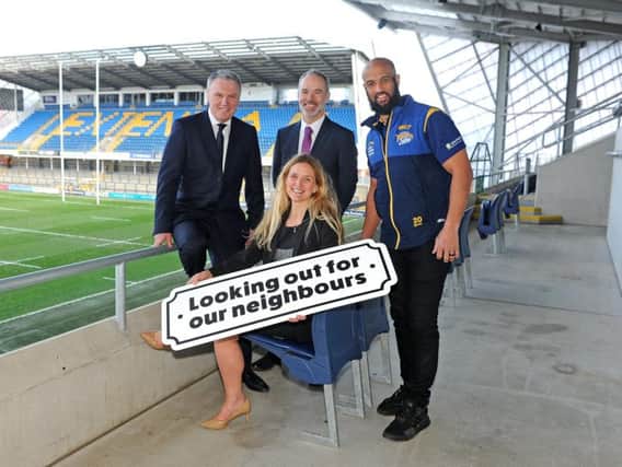 Kim Leadbeater, MP Jo Coxs sister, Ambassador for The Jo Cox Foundation Chair, with Gary Hetherington Chief Exec, Leeds Rhinos Foundation,  Rob Webster, CEO Lead for West Yorkshire and Harrogate Health and Care Partnership & CEO for South West Yorkshire Partnership NHS Foundation Trust and Jamie Jones-Buchanan, Leeds Rhinos player launch a new campaign that aims to help prevent loneliness and social isolation in communities by West Yorkshire and Harrogate Health and Care Partnership, at the Emerald Headingley stadium.
