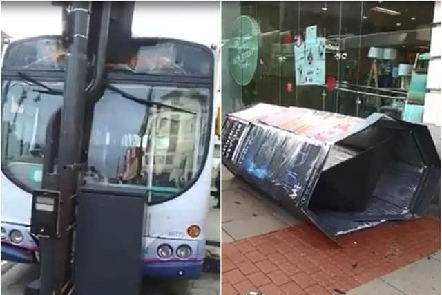 A bus in Leeds was involved in an accident which saw it crash into traffic lights and knock over an advertising pillar.
