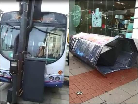 A bus in Leeds was involved in an accident which saw it crash into traffic lights and knock over an advertising pillar.