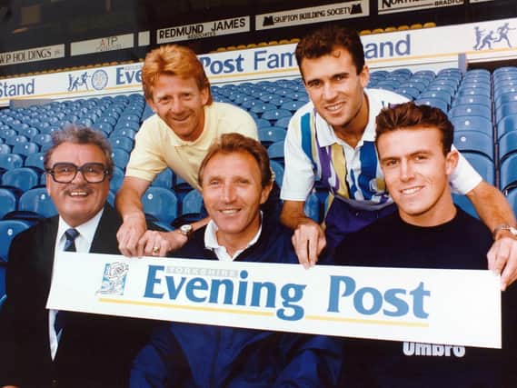 Bill Fotherby (front row, left) and Gordon Strachan (back row, left) before the start of Leeds United's title-winning season in 1991-92. Also pictured are Howard Wilkinson (front row, centre), Jon Newsome (front row, right) and Tony Dorigo.