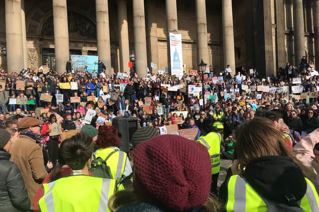 Hundreds of young people attended a climate change protest in Leeds today.