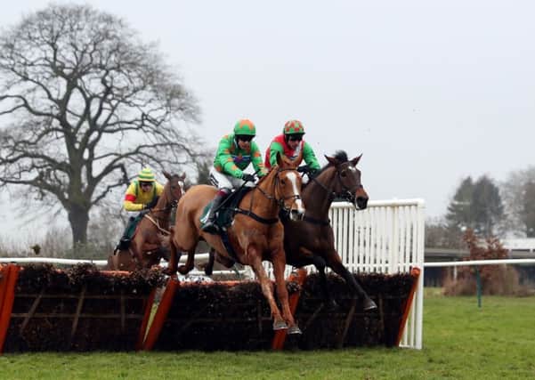 Ms Parfois (left) ridden by Aidan Coleman jumps with Al Reesha ridden by Harry Skelton on their way to victory in the 188bet.co.uk EBF Mares´ "National Hunt" Novices´ Hurdle at Warwick. Picture: David Davies/PA.