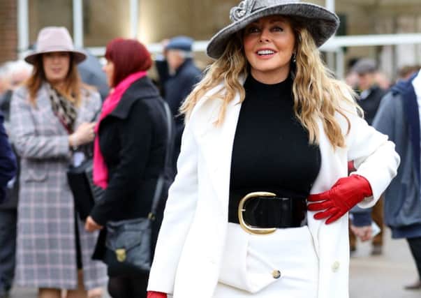 Carol Vorderman during Gold Cup Day of the 2019 Cheltenham Festival at Cheltenham Racecourse. Aaron Chown/PA Wire.