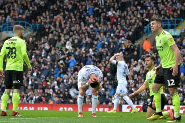 Leeds United winger Jack Harrison reacts after volleying over.