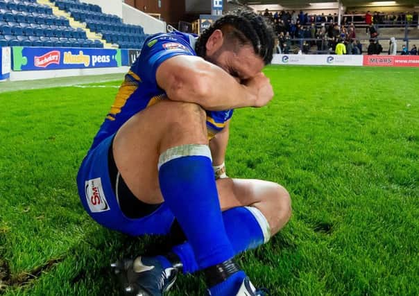 Leeds' Konrad Hurrell shows his frustration after the defeat to London.