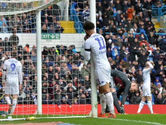 AGONY: Another Leeds United chance goes begging for Tyler Roberts who was unlucky to hit the post.