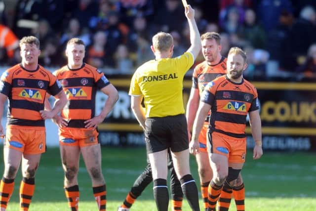Tigers' Paul McShane receives a yellow during the encounter with Salford. PIC: Tony Johnson