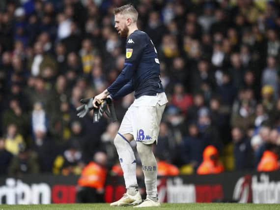 Leeds United defender Pontus Jansson taking the gloves during Saturday's 1-0 defeat to Sheffield United after the dismissal of Kiko Casilla.