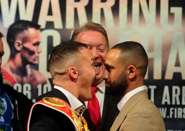 Josh Warrington and Kid Galahad at a press conference at the Carriageworks in Leeds to promote their upcoming world title fight.