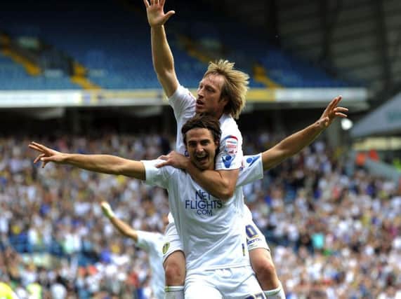Former Leeds United striker Davide Somma celebrates with Luciano Becchio.