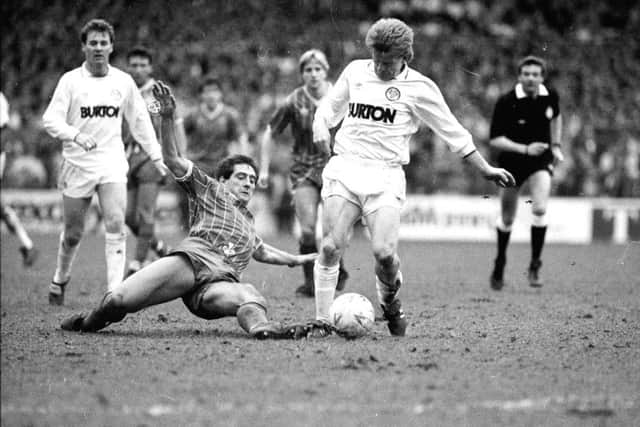 Key debut:
Gordon Strachan in action against Portsmouth
at Elland Road on March 25, 1989