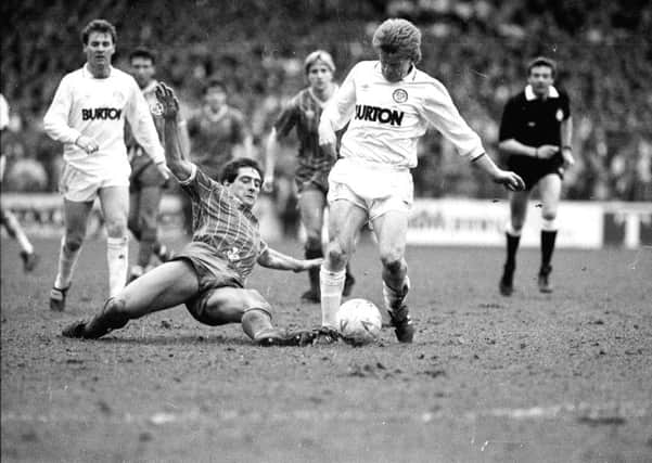 Key debut: 
Gordon Strachan in action against Portsmouth

at  Elland Road on March 25, 1989
