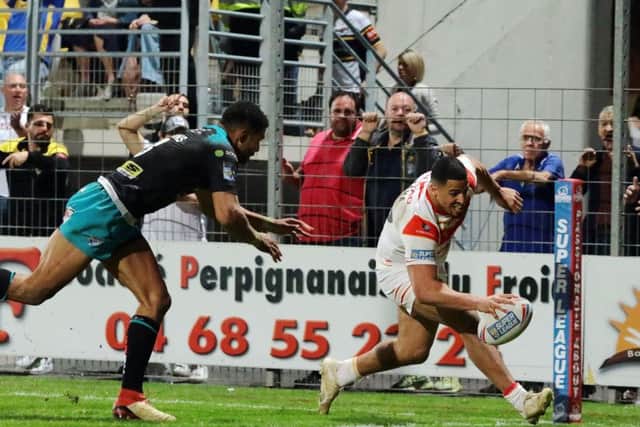 FOUR-SOME: Catalsn Dragons' Fouad Yaha, right, scored four tries against Leeds Rhinos in Perpignan on Saturday. Picture: Pascal Rodriguez.