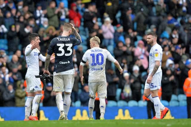 NOT OVER YET: Pablo Hernandez, left, Pontus Jansson, Gjanni Alioski and Stuart Dallas, right, show their disappointment at full-time after losing out to Sheffield United at Elland Road. Picture: Bruce Rollinson