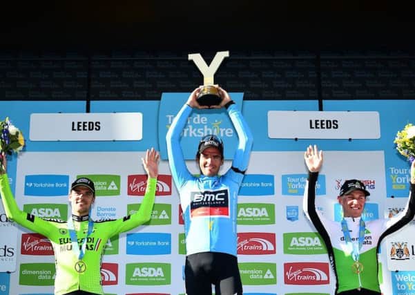 BMC's Greg Van Avermaet holds the Tour de Yorkshire trophy aloft after winning the 2018 race (Picture: SWPix.com)