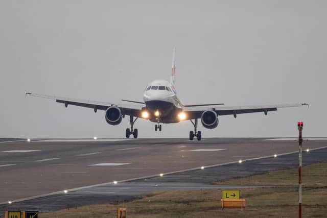A British Airways flight lands at Leeds Bradford Airport